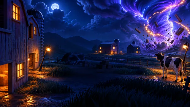 A glowing purple electrical storm crosses a dark rural landscape.