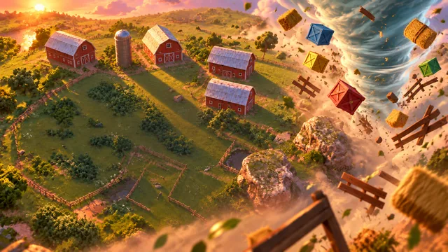 An aerial view of barns and farm buildings with debris sweeping into a tornado.